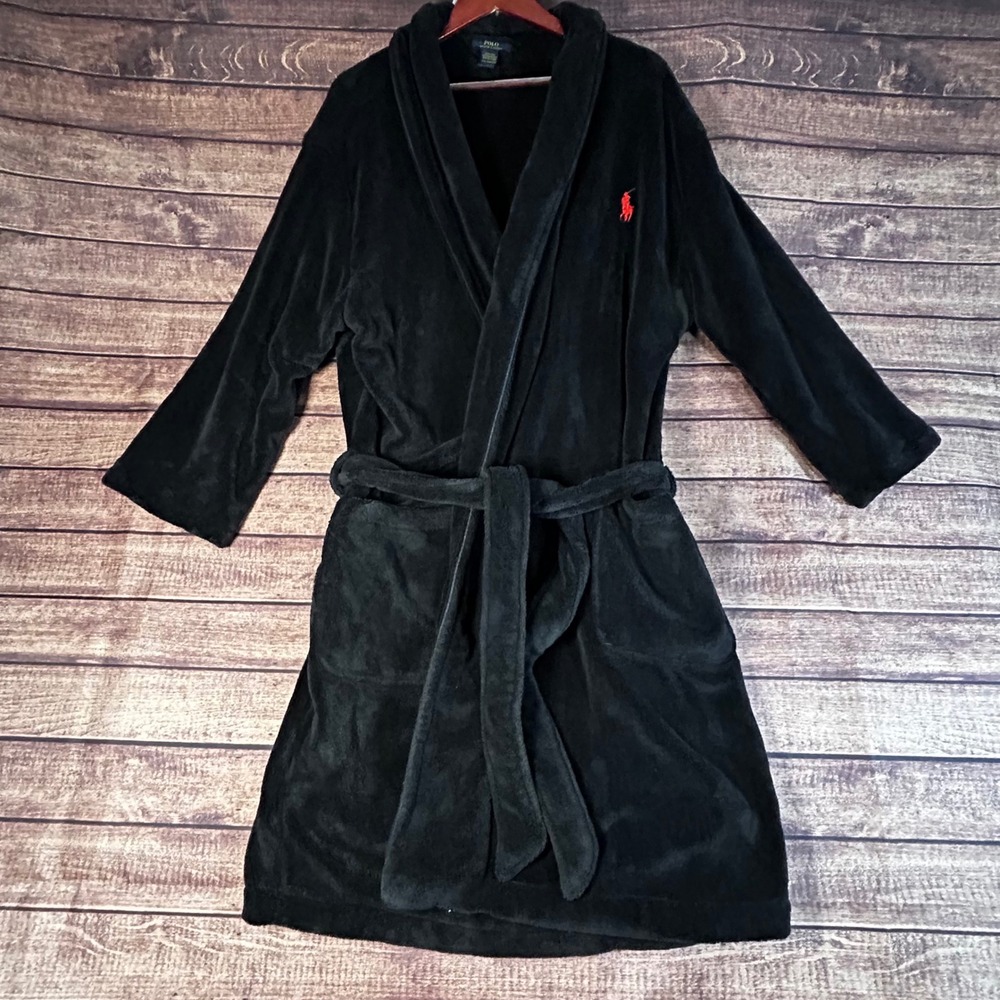 Polo Ralph Lauren Mens Black Fleece Robe Shawl Collar L/XL Red Pony Logo
